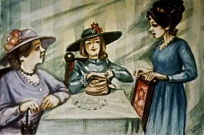 Ilustrație cu trei femei, una dintre ele povestind. Textul descrie cum a fost numită Maria și informații despre părinții ei.