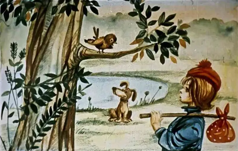 Ilustrație colorată cu o fată care vorbește cu un câine, având un păianjen pe umăr, într-un peisaj natural.