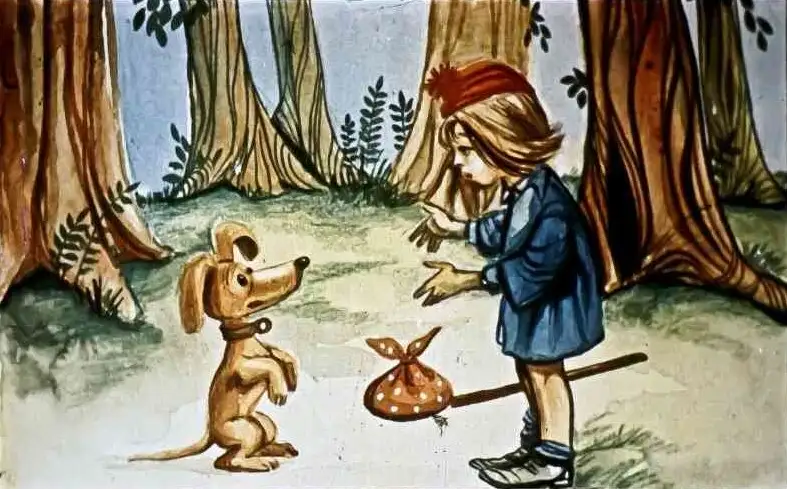 Ilustrație dintr-o poveste cu un băiat și un cățel în pădure, discutând despre direcția de urmat.