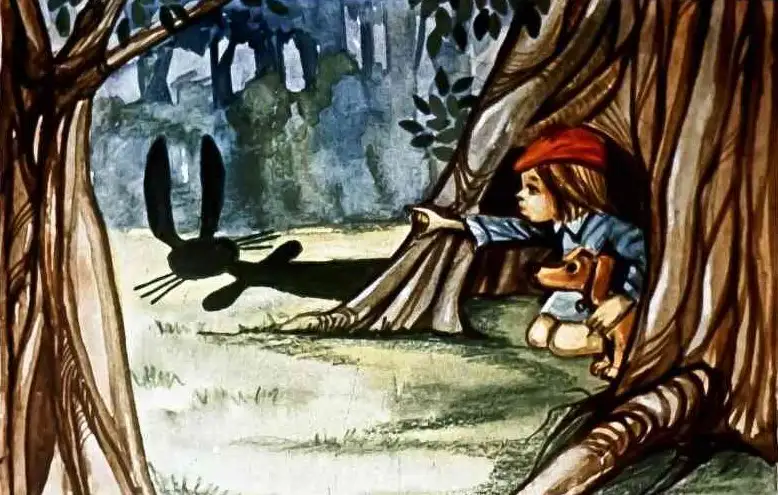 Ilustrație cu un copil și un animal în pădure, discutând despre teama de bursuc.