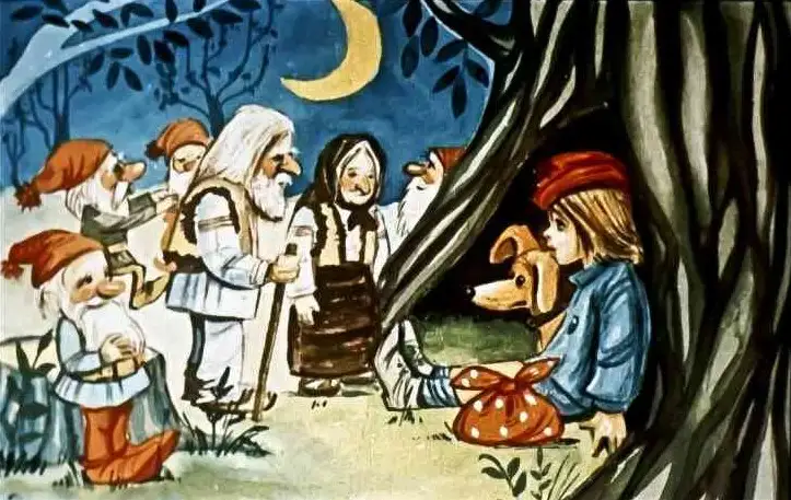 Ilustrație cu personaje din basme, un dialog despre povești și viață.