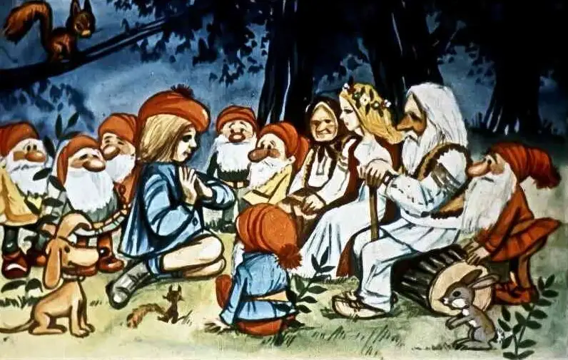 Ilustrație cu personaje de poveste, inclusiv pitici și animale, ascultând un mesaj.