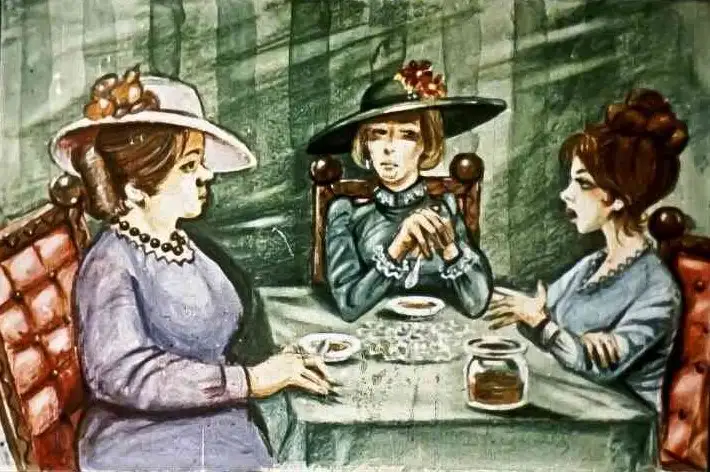 Ilustrație cu trei femei la o masă, discutând despre căsătorie și familie, cu un fundal împodobit de culori pastelate.