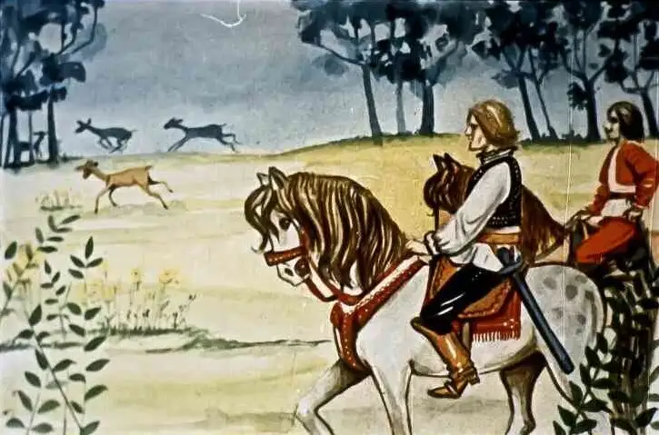 Imagine cu un peisaj de pădure, doi cavaleri pe cai, una dintre figurile umane fiind o femeie, cu un text descriptiv despre o legendă.