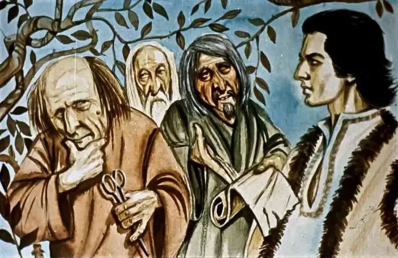 Ilustrație cu personaje discutând, însoțită de un text despre un vraci și o suvită de păr de aur.