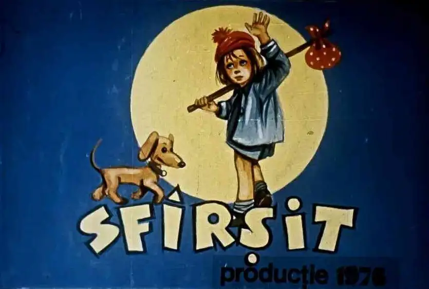 Illustration of a child and a dog against a blue background with a large moon, featuring the text 'SFÎRSIT' and 'produsă 1976'.