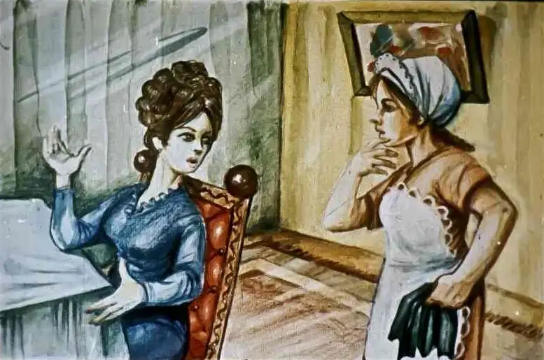 O ilustrație prezentând două femei într-o conversație, una așezată la masă și cealaltă stând în picioare, discutând despre cafea.