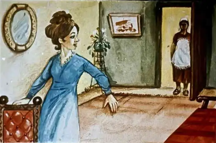 Ilustrație cu o femeie blondă în rochie albastră și un bărbat în fundal, cu text despre o întâmpinare formală.