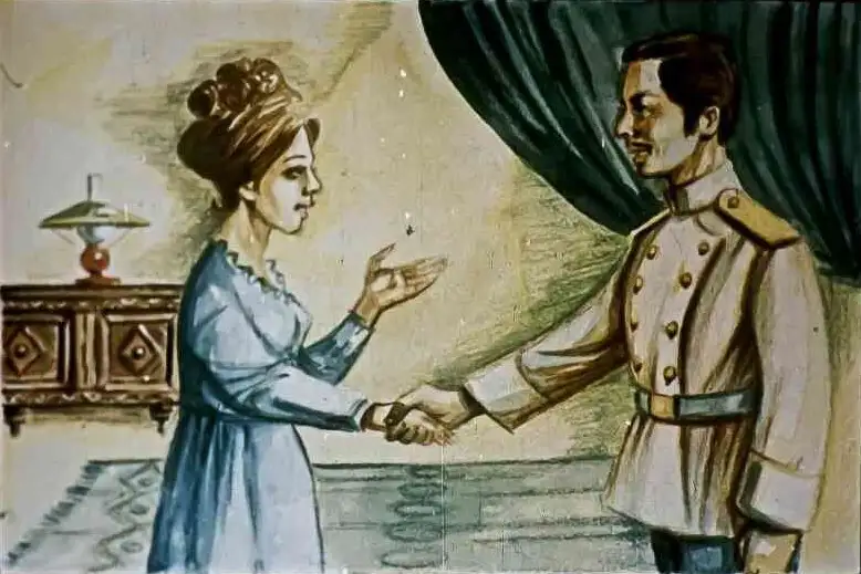 O scenă ilustrată cu două personaje care își strâng mâinile, exprimând o întâlnire emoționantă.