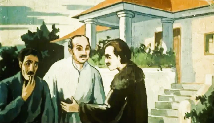 Trei bărbați stând de vorbă în fața unei case, discutând despre cine are dreptate într-o situație complicată.