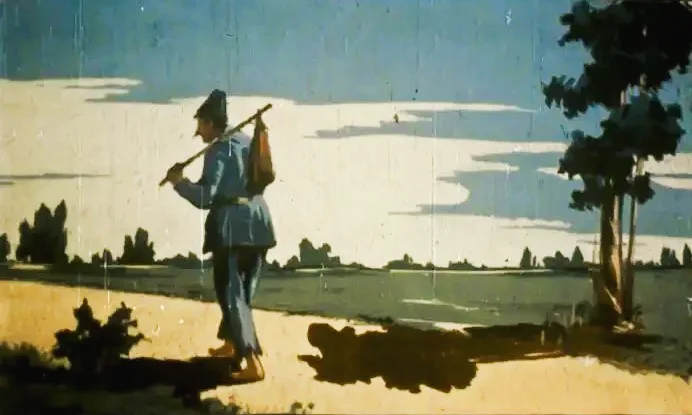 Imagine cu un om care merge pe un drum, purtând o traistă, pe fundal cu un peisaj natural.