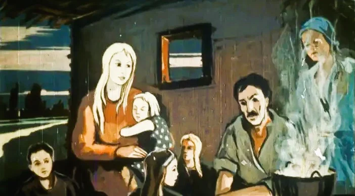 Imagine cu o scenă pastorală, unde o femeie și un bărbat discută, iar în jurul lor sunt copii și alți adulți.