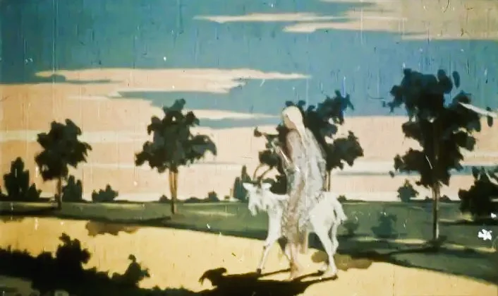 Imagine reprezentând o fată călare pe un țap, cu un peisaj de natură în fundal.