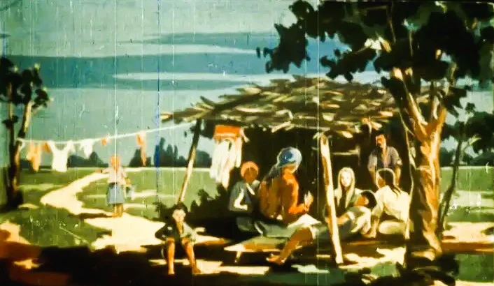 Imagine reprezentând o scenă rurală, cu un grup de oameni în jurul unei colibe, însoțită de un text despre sărăcie.