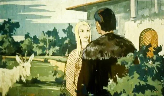 O scenă ilustrată cu o femeie și un bărbat, care discută în fața unei case, cu un animal în fundal.