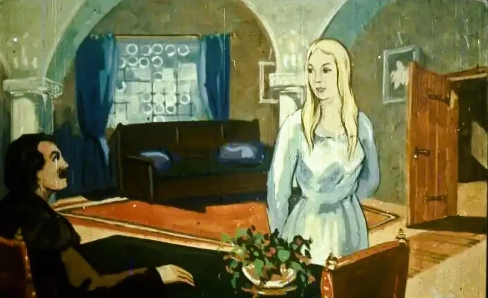 O scenă dintr-o poveste, în care un judecător admiră o femeie frumoasă.