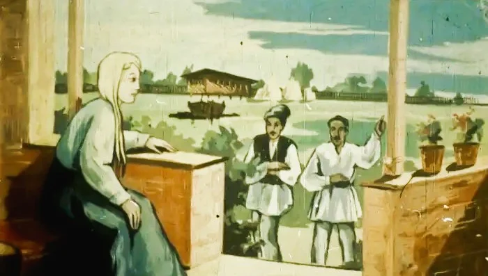 Ilustrație cu o femeie care stă la o fereastră, cu doi bărbați îmbrăcați în costume populare în fundal, descriind o scenă în care soția judecătorului interacționează cu țăranii.