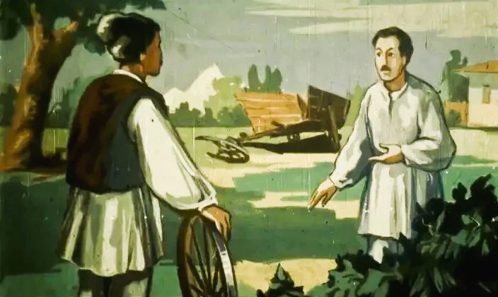 Ilustrație cu două personaje care discută lângă o căruță, cu un fundal de peisaj rural.