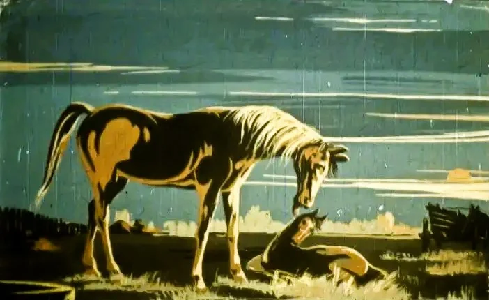 Imagine cu un cal și un mânz pe fond de peisaj, cu text descriptiv sub imagine.