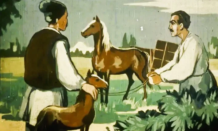 Imagină ilustratiefă cu două persoane, un bărbat și o femeie, vorbind despre un cal și o roată.