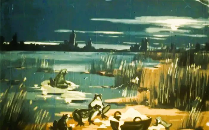 Ilustrație a unui iaz cu broaște și vegetație, cu un text descriptiv în partea de jos.