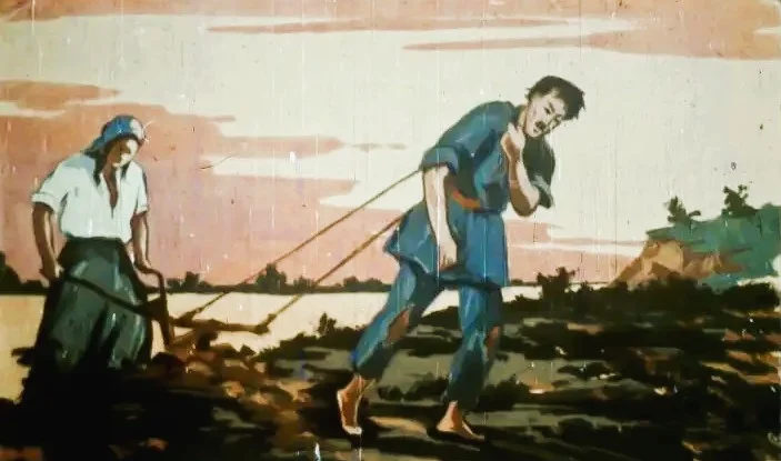 Ilustrație a doi oameni lucrând pe câmp, cu text despre munca harnică a unui agricultor.