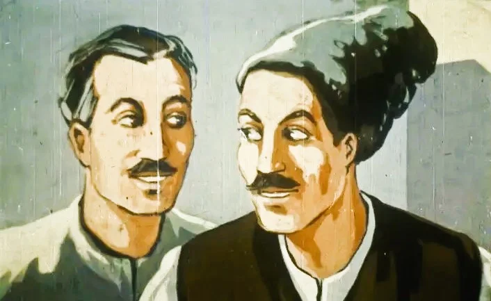 Poster artistic cu doi bărbați zâmbind, citat despre dreptate și împăcare.