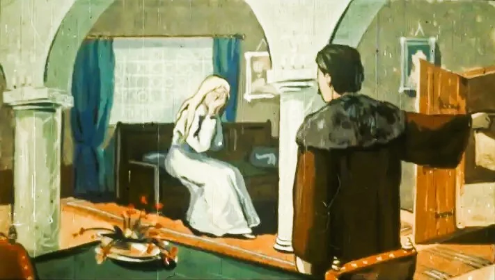 O scenă dintr-o poveste, cu un bărbat care discută cu o femeie într-o cameră mobilată, exprimând emoții intense.