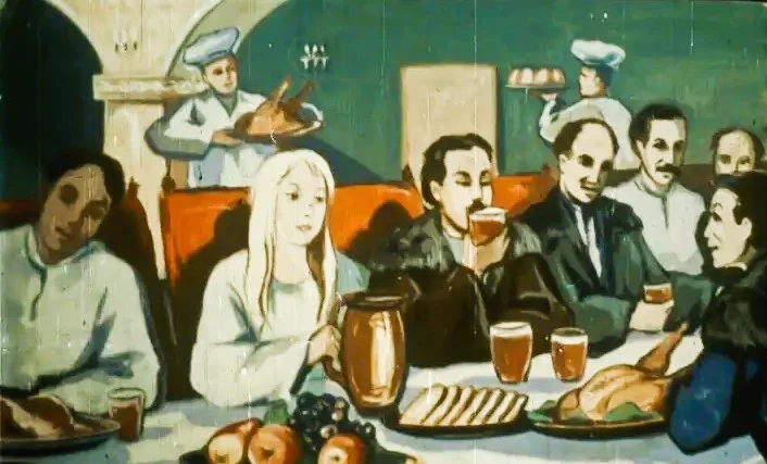 O ilustrație care arată o petrecere, cu o femeie care cere un singur lucru: să se bucure cu prietenii pentru ultima dată.