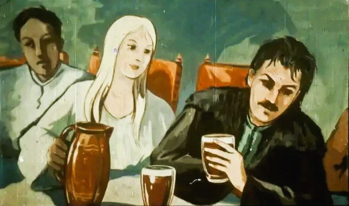 O ilustrație care descrie o scenă de petrecere, cu o femeie care umple paharele unui bărbat.