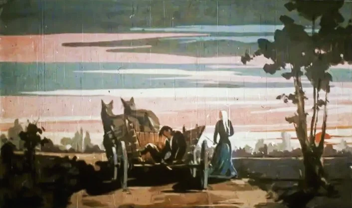 O scenă ilustrativă cu un bărbat și o femeie lângă o căruță, reflectând o poveste din viața rurală.