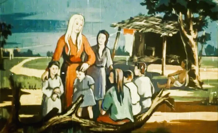 Imagine ilustrativă cu personaje care interacționează într-un peisaj rural.