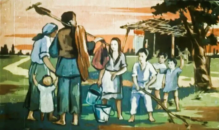 Imagine reprezentând o scenă de familie în aer liber, cu oameni în diferite activități, însoțită de un text descriptiv despre dificultățile întâmpinate de muncitor la întoarcerea acasă.