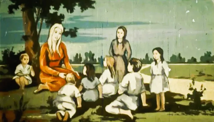 Ilustrație cu o femeie și copii, cu text explicativ despre un caracter tăcut și grijuliu.