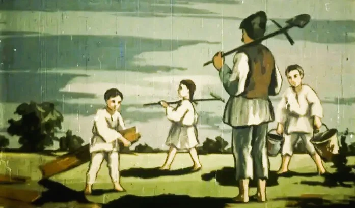 Ilustrație cu un om și copii în natură, lucrând la construcția unui bordei.