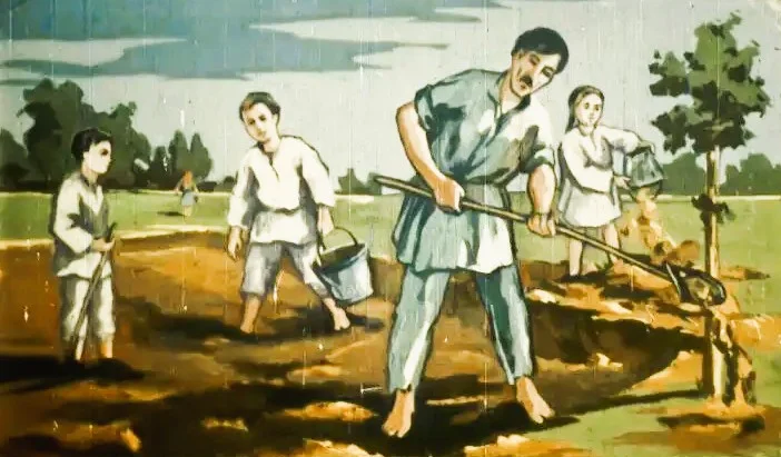 Ilustrație cu un om care sapă o groapă pentru bordei, înconjurat de copii care ajută, cu mesaj pe fundal.