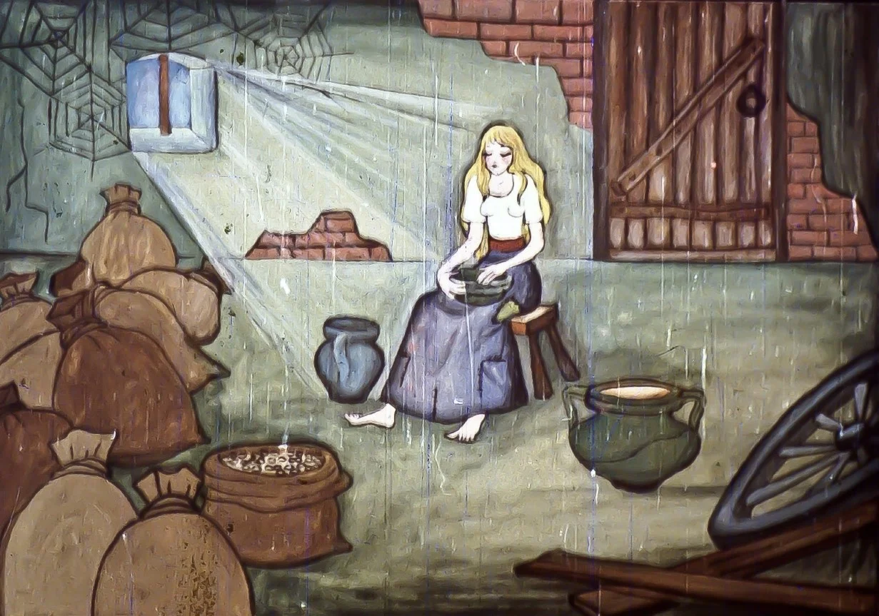 Ilustrație cu o tânără femeie care lucrează într-o încăpere cu saci de grâu, având text despre alegerea neghinei din grâu.