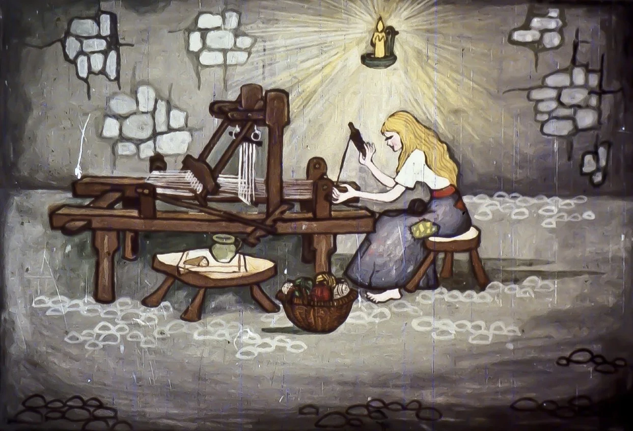 Ilustrație care prezintă o femeie lucrând la un război de țesut într-o pivniță întunecoasă, cu un lumânare aprinsă deasupra.