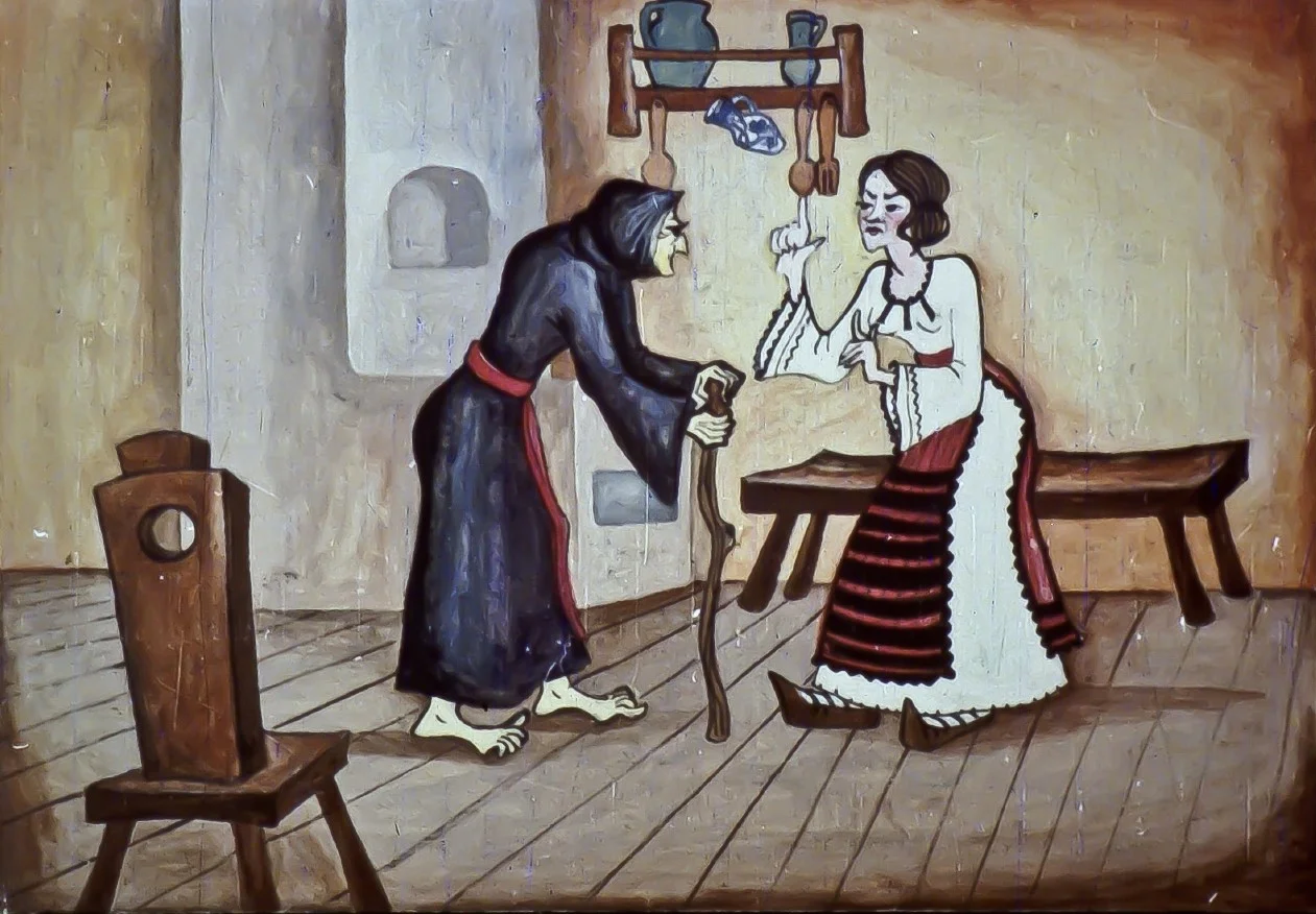 Ilustrație care prezintă o scenă în care o femeie se consultă cu o vrăjitoare.