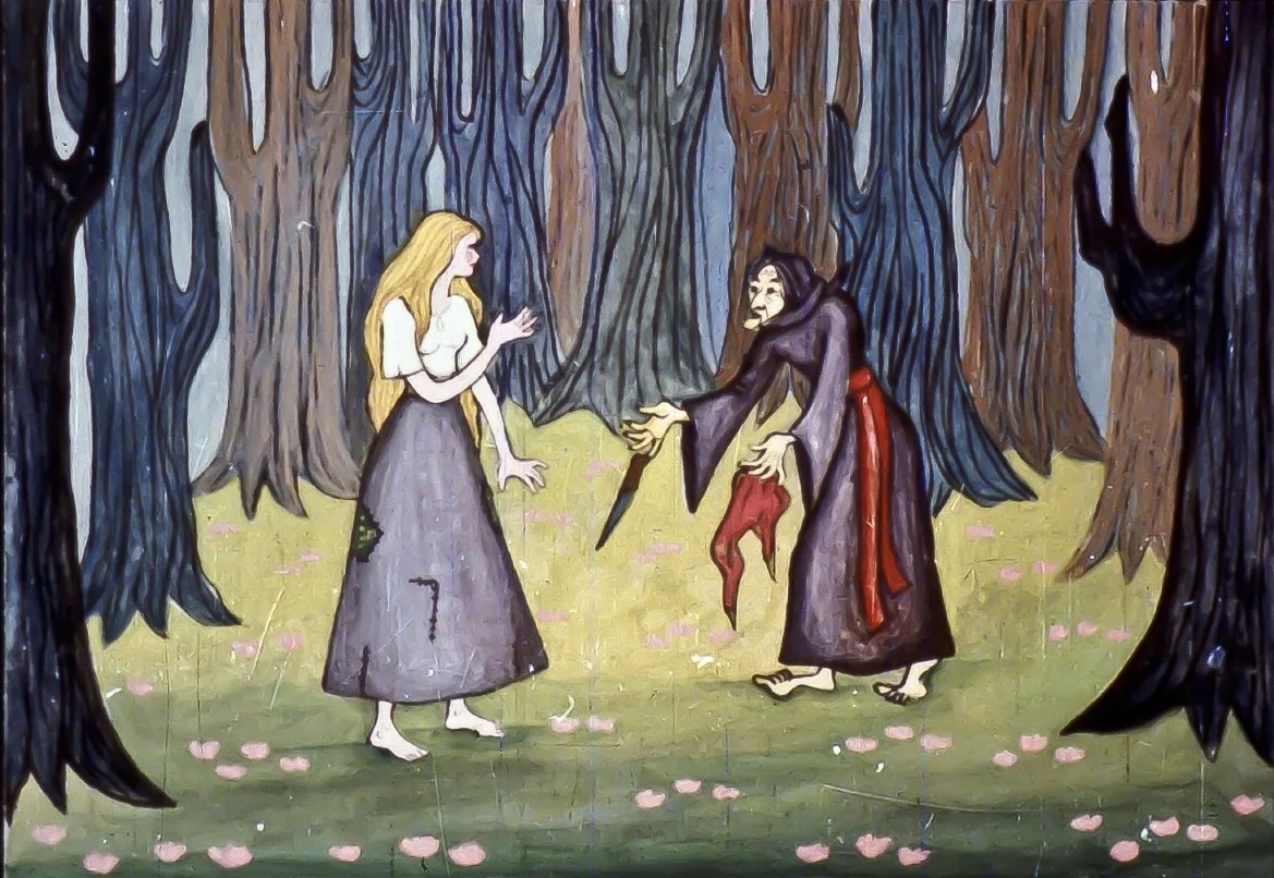 Ilustrație care prezintă o scenă între două personaje într-un peisaj de pădure.