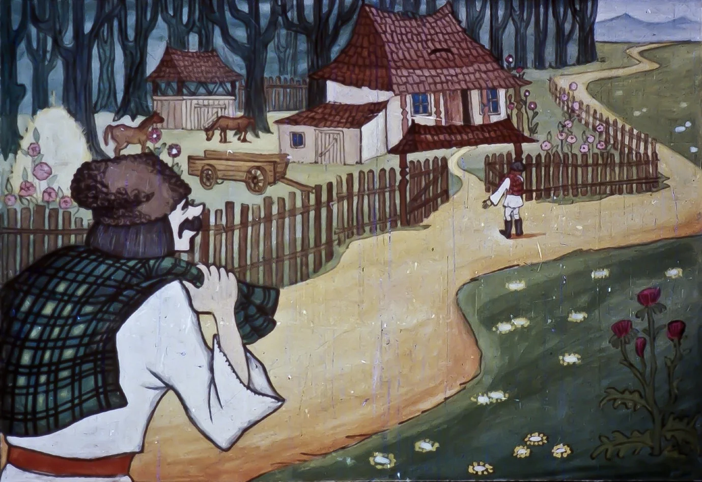 Imagine ilustra un peisaj rural cu o stâncă, case și un drum, având un text descriptiv la baza imaginii.