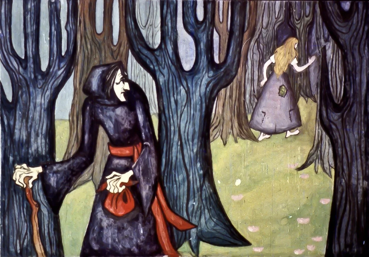 Ilustrație care prezintă o poveste, cu două personaje în pădure.