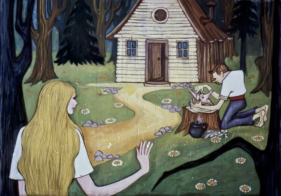 Ilustrație care prezintă o scenă de poveste cu o fată cu părul lung și o casă în pădure, în timp ce un bărbat se ocupă de un mic animal.