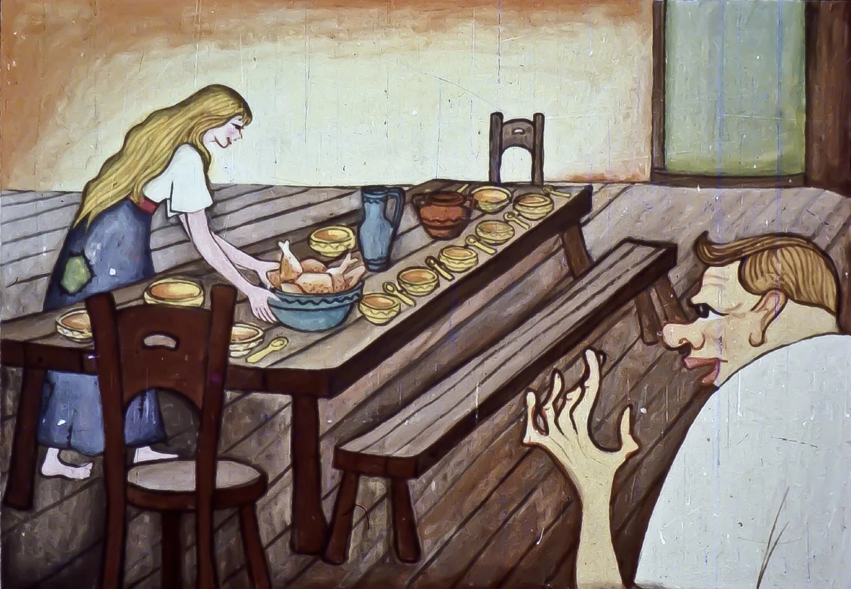 Ilustrație cu o femeie care gătește și un bărbat care se uită la ea, pe un fundal simplu, sugerând o scenă domestică.