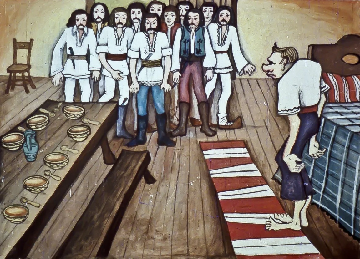 Ilustrație cu grup de oameni pătrunzând într-o cameră, vizibil surprinși de curățenia locuinței.