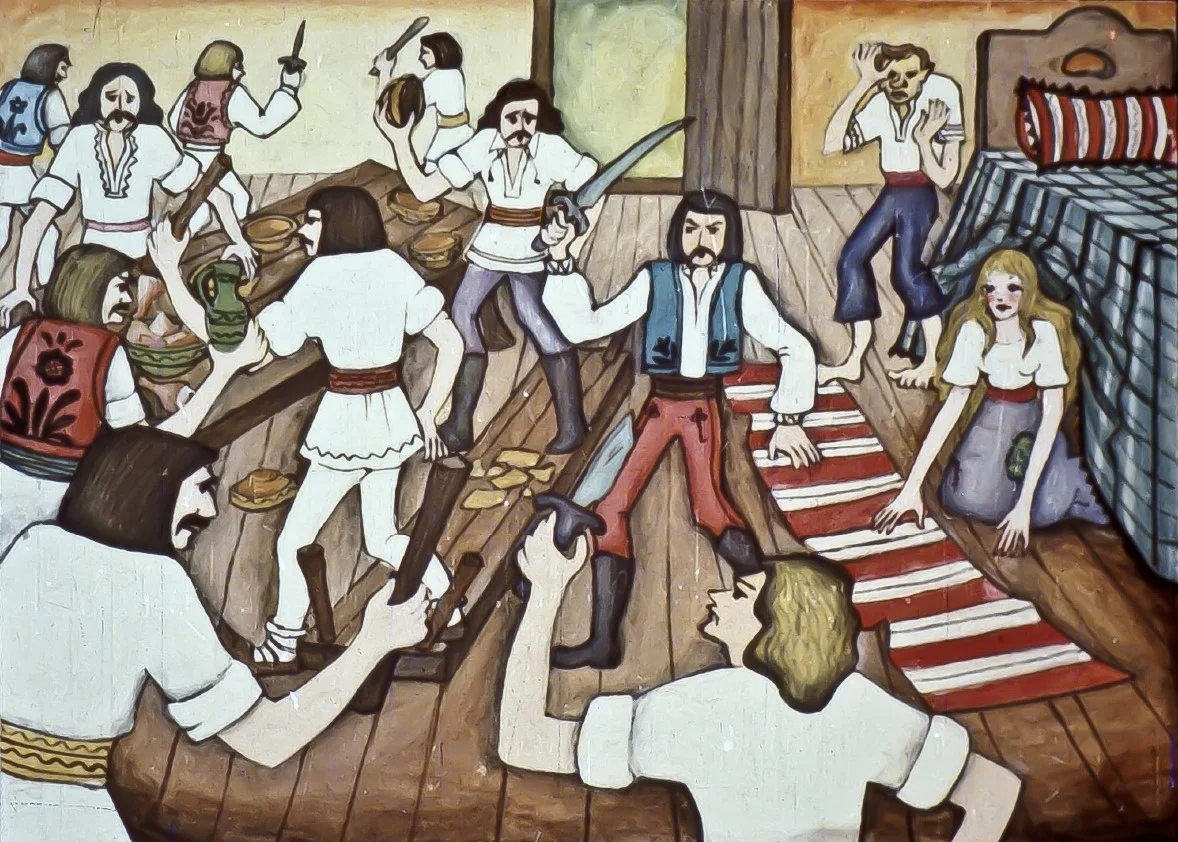 O scenă animată cu personaje care par a avea o dispută într-o încăpere aglomerată.