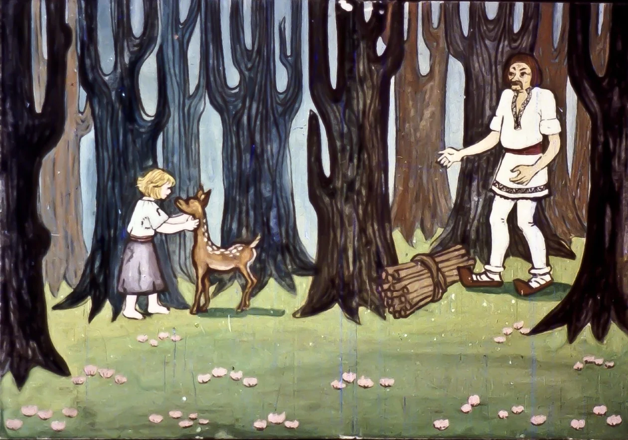 Ilustrație de poveste cu un hălăduitor, un cerb și o fetiță în pădure.