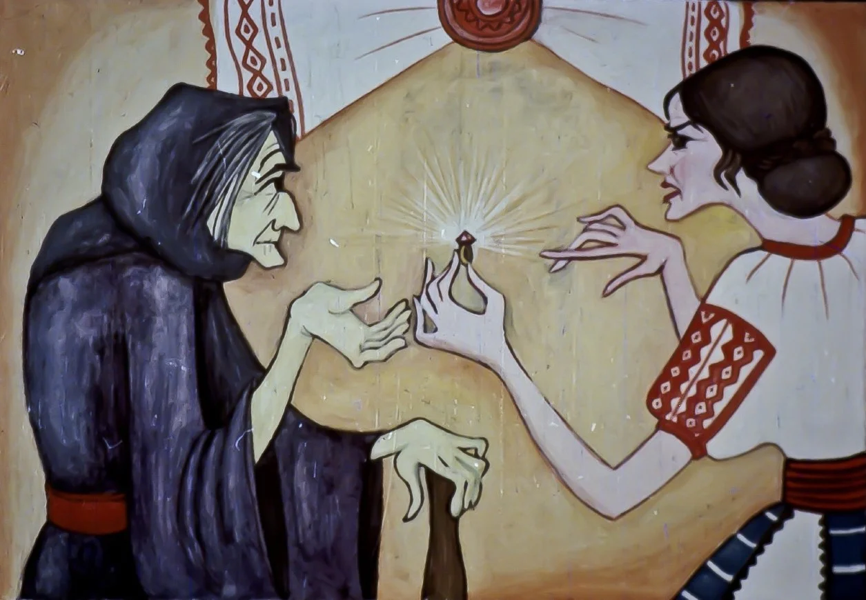 Ilustrație cu două personaje, una înveșmântată în haine întunecate și cealaltă într-o bluză albă cu motive populare, discutând intens în fața unei oglinzi.