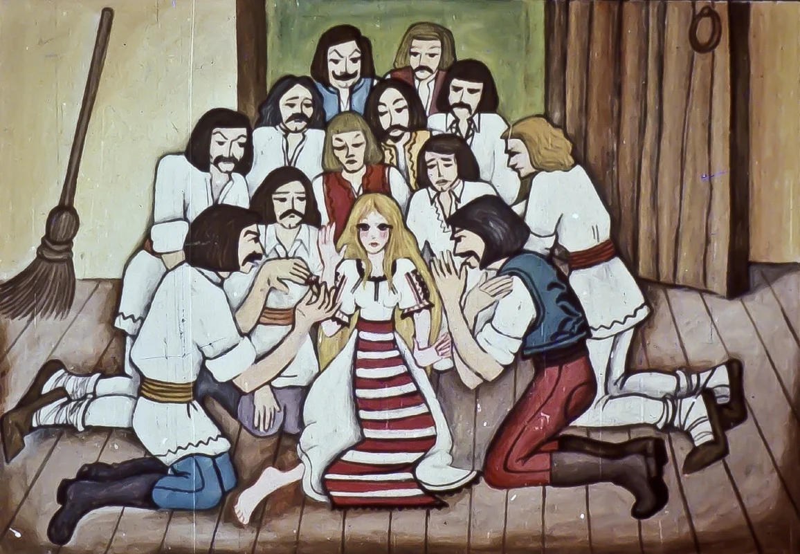 Imagine artistică care ilustrează o scenă dramatică cu personaje istorice sau folclorice, conținând un text descriptiv.