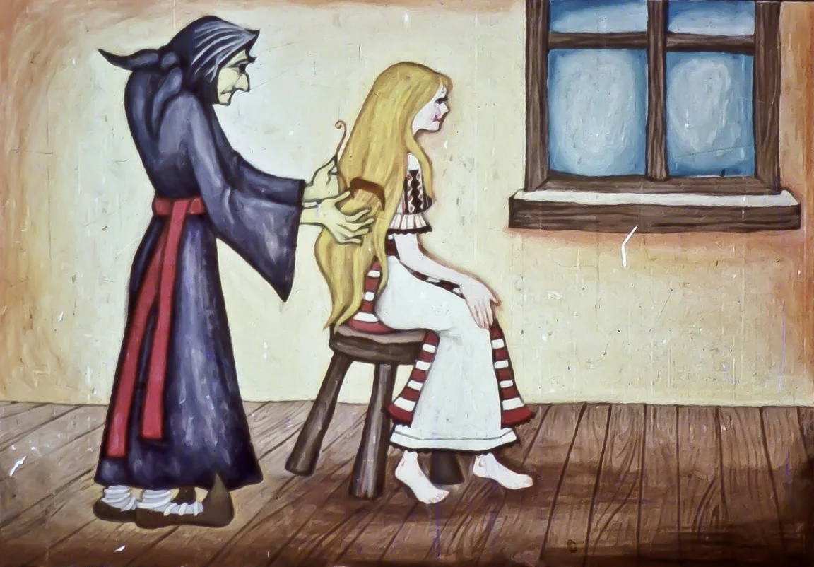 Ilustrație cu o vrăjitoare și o fată, reprezentând o scenă dintr-o poveste.